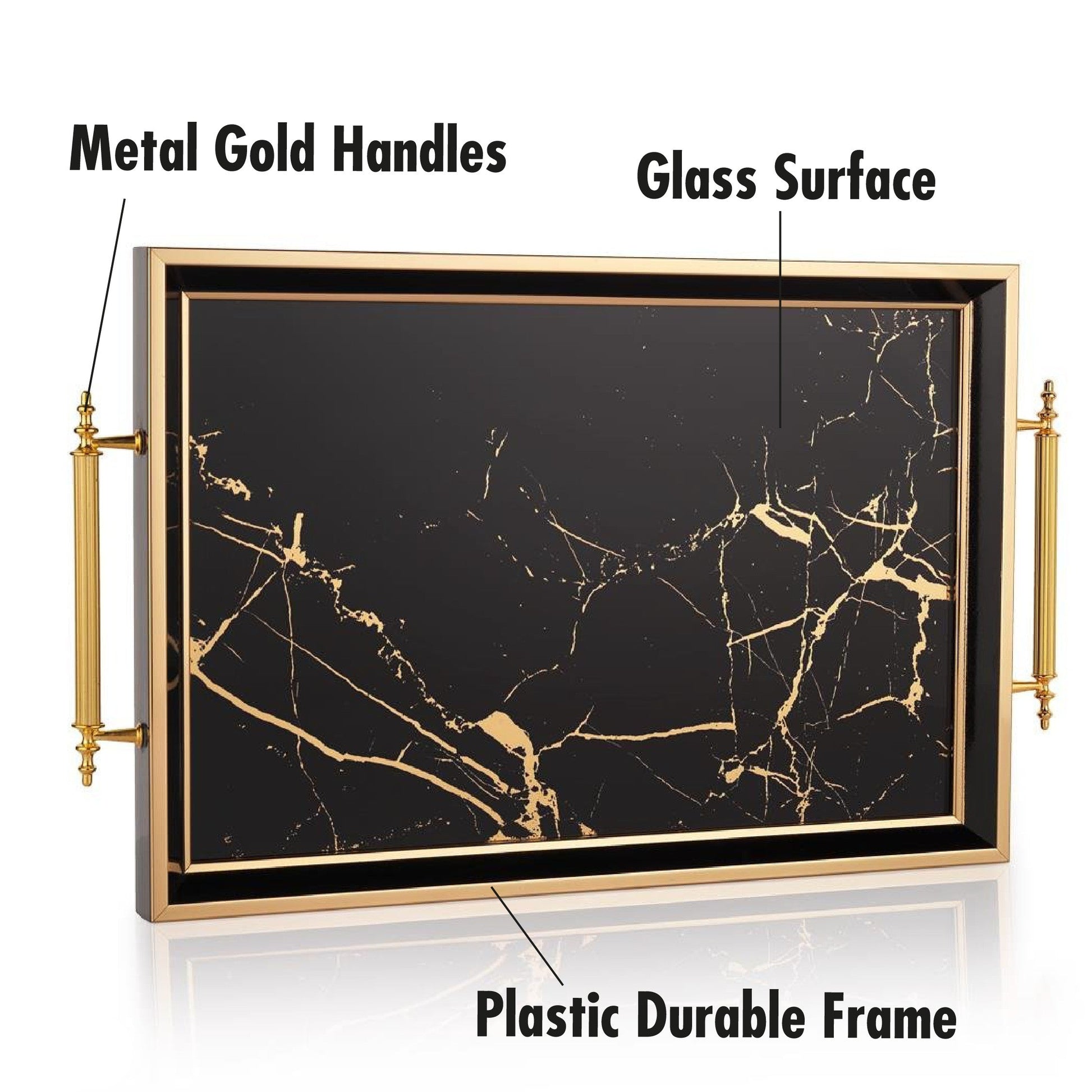 Decorative tray with marble design, gold handles, and plastic frame on a white background