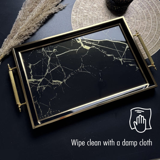 Glass Serving Tray Black Gold Marble 19x11.5