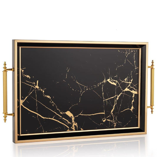 Glass Serving Tray Black Gold Marble 19x11.5