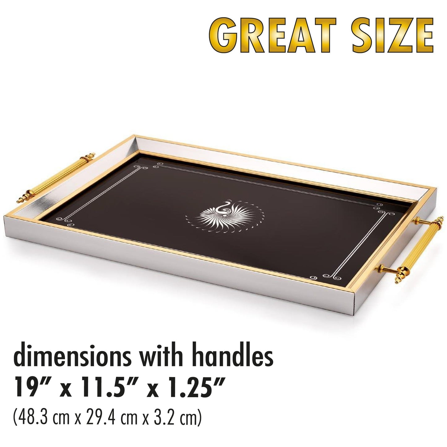 Decorative tray with gold handles on a white background, featuring dimensions and brand name.