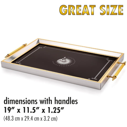 Decorative tray with gold handles on a white background, featuring dimensions and brand name.