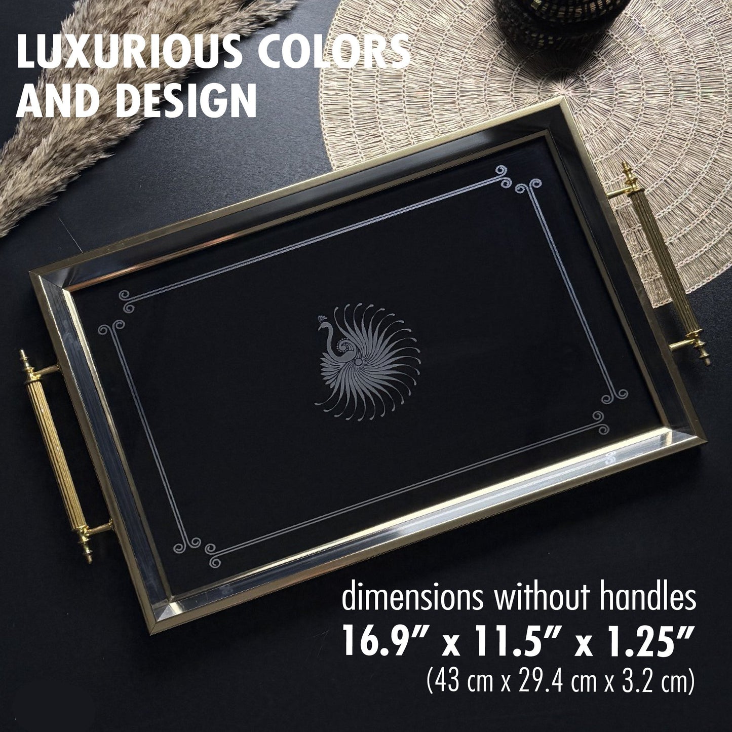 Glass Serving Tray Black Ivory Peacock 19x11.5