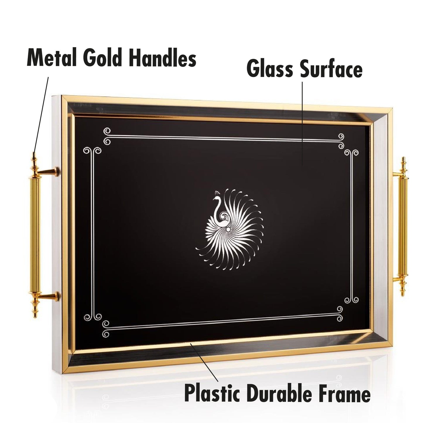 Glass Serving Tray Black Ivory Peacock 19x11.5