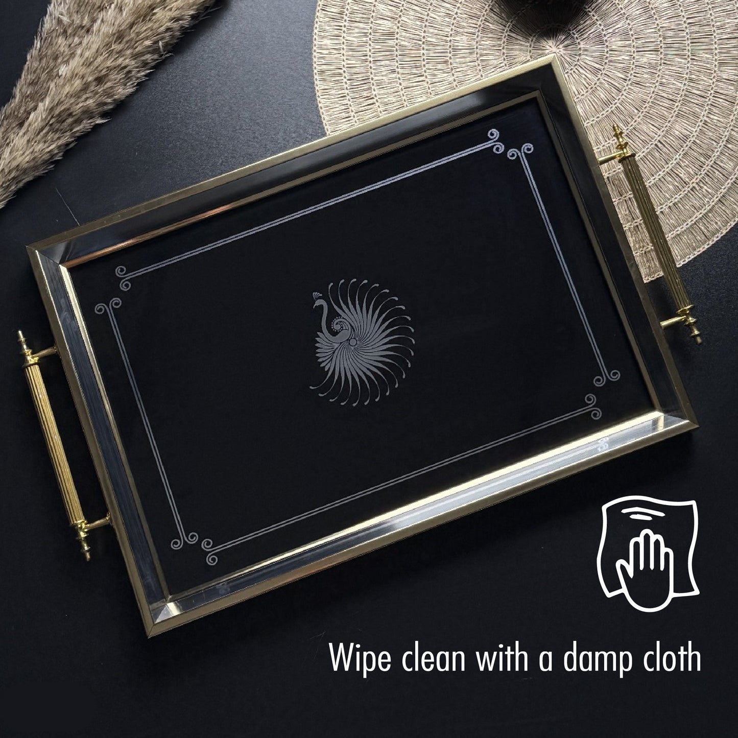 Glass Serving Tray Black Ivory Peacock 19x11.5