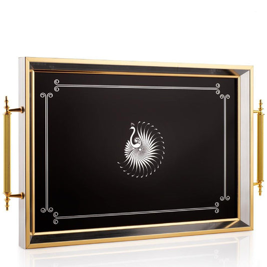 Glass Serving Tray Black Ivory Peacock 19x11.5