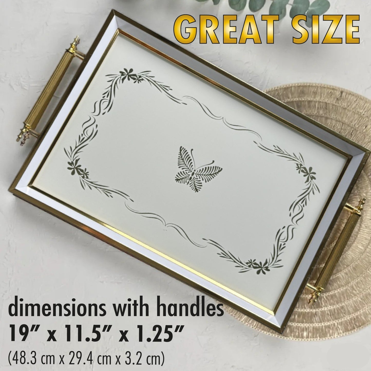Glass Serving Tray White Butterfly 19x11.5