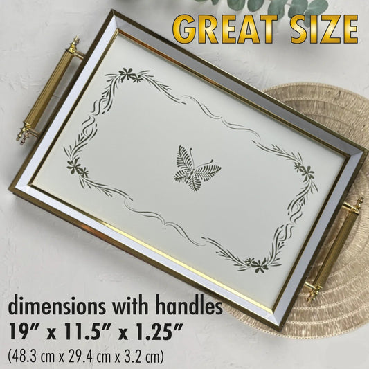 Glass Serving Tray White Butterfly 19x11.5