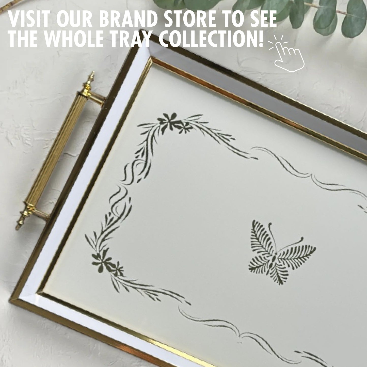 Glass Serving Tray White Butterfly 19x11.5
