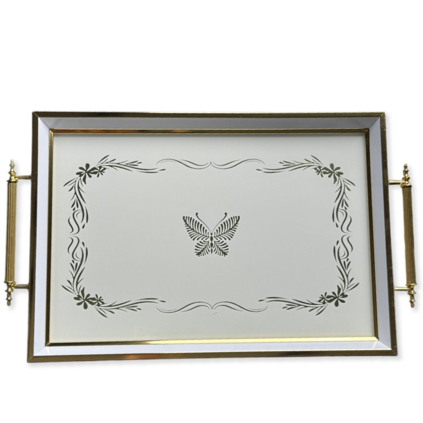 Glass Serving Tray White Butterfly 19x11.5