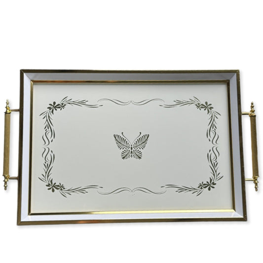 Glass Serving Tray White Butterfly 19x11.5