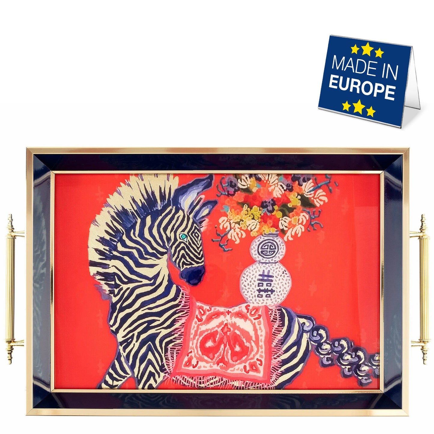 Glass Serving Tray Red Safari Zebra 19x11.5