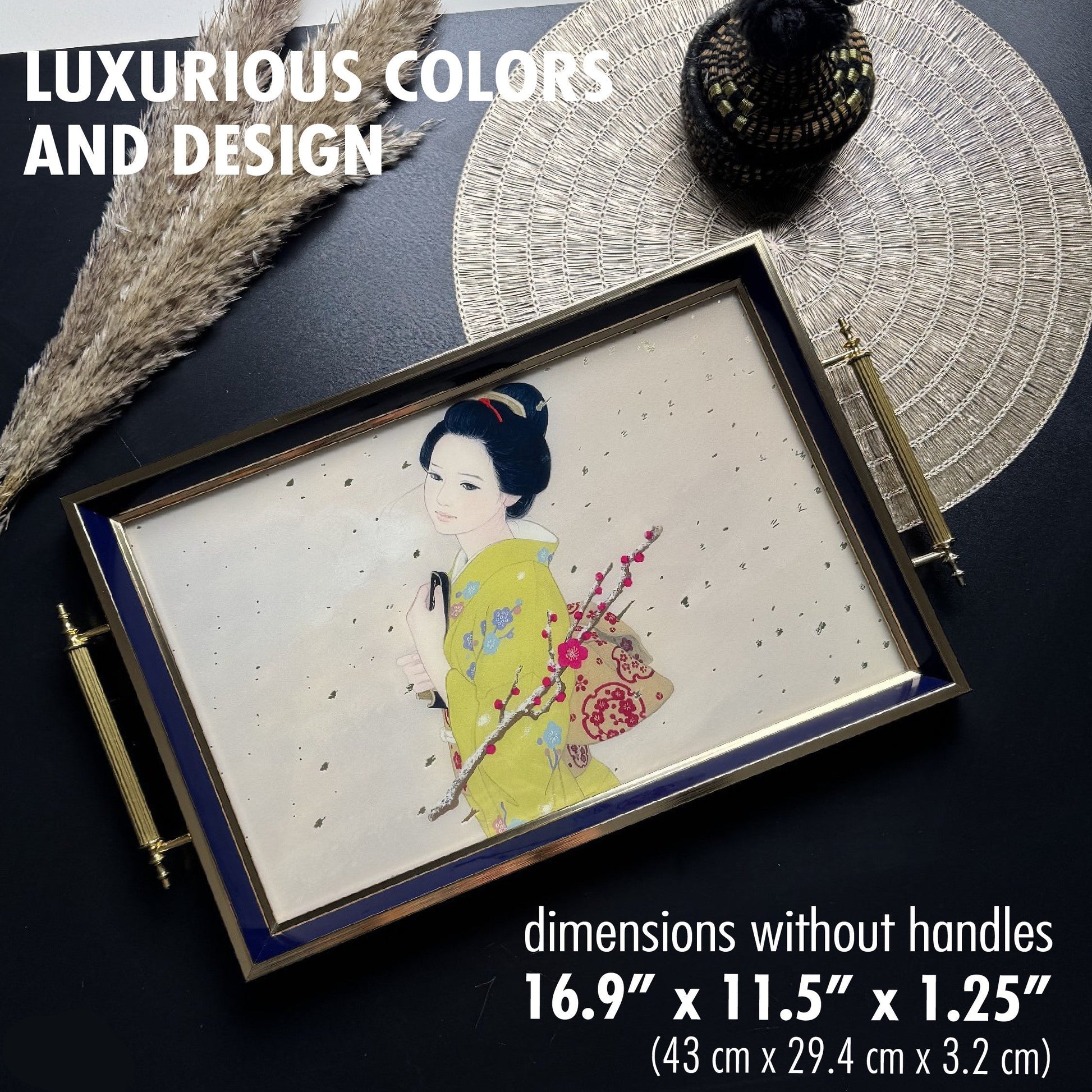 Decorative tray with artistic design on a dark surface, featuring luxurious colors and design.
