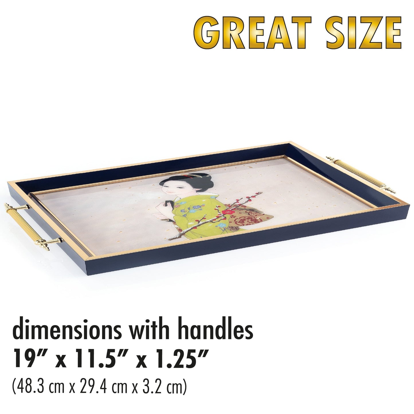 Large decorative tray with handles on a white background, featuring dimensions and brand name.