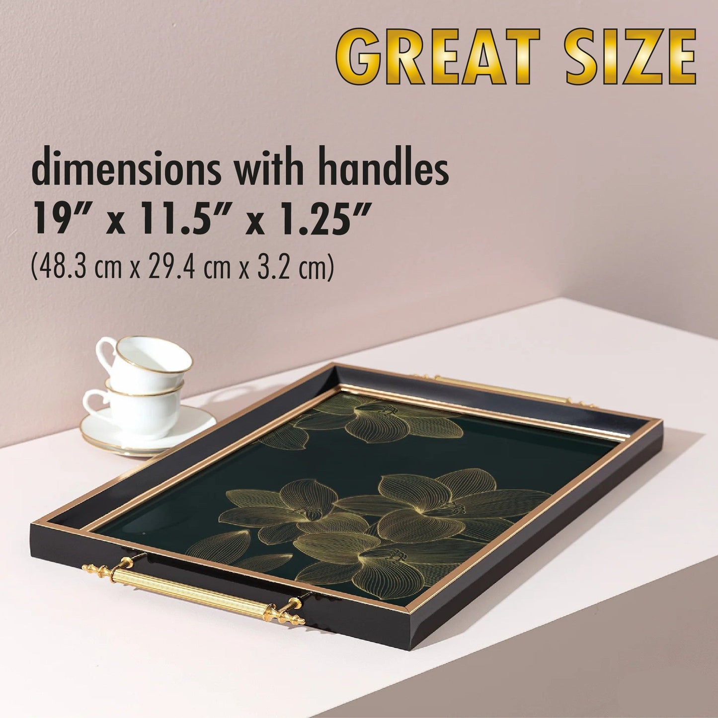Glass Serving Tray Black Gold Floral 19x11.5
