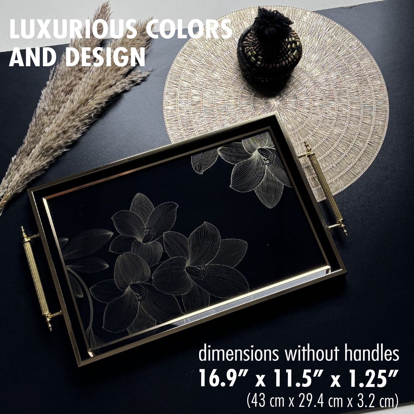 Glass Serving Tray Black Gold Floral 19x11.5