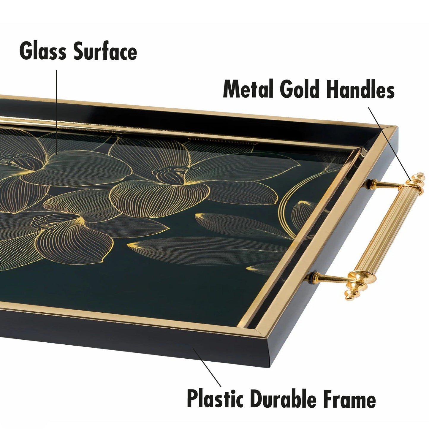 Glass Serving Tray Black Gold Floral 19x11.5