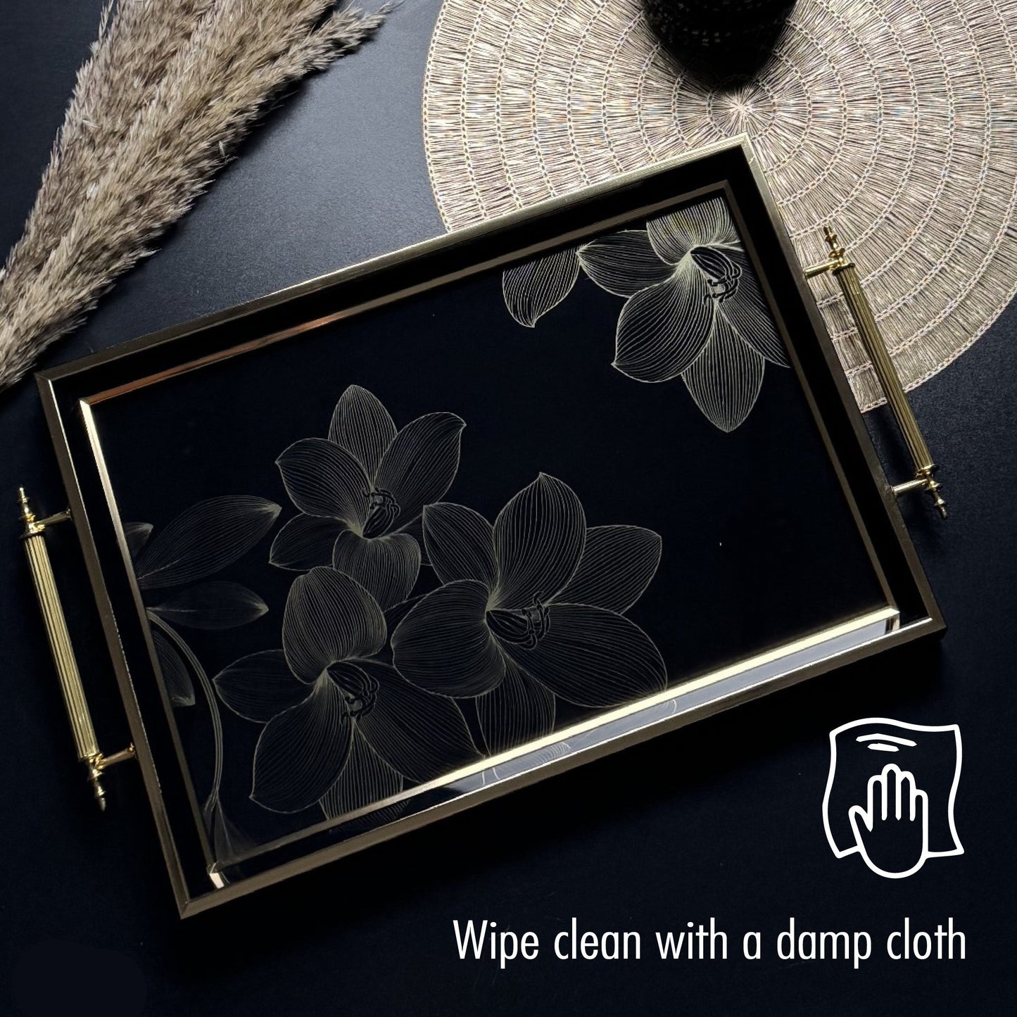 Glass Serving Tray Black Gold Floral 19x11.5