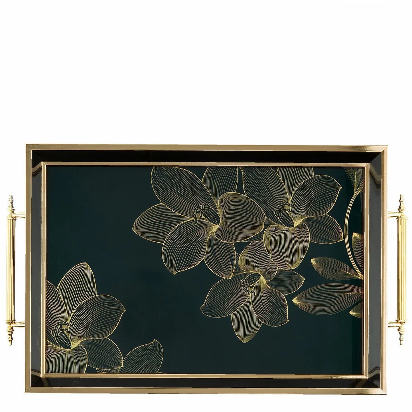 Glass Serving Tray Black Gold Floral 19x11.5