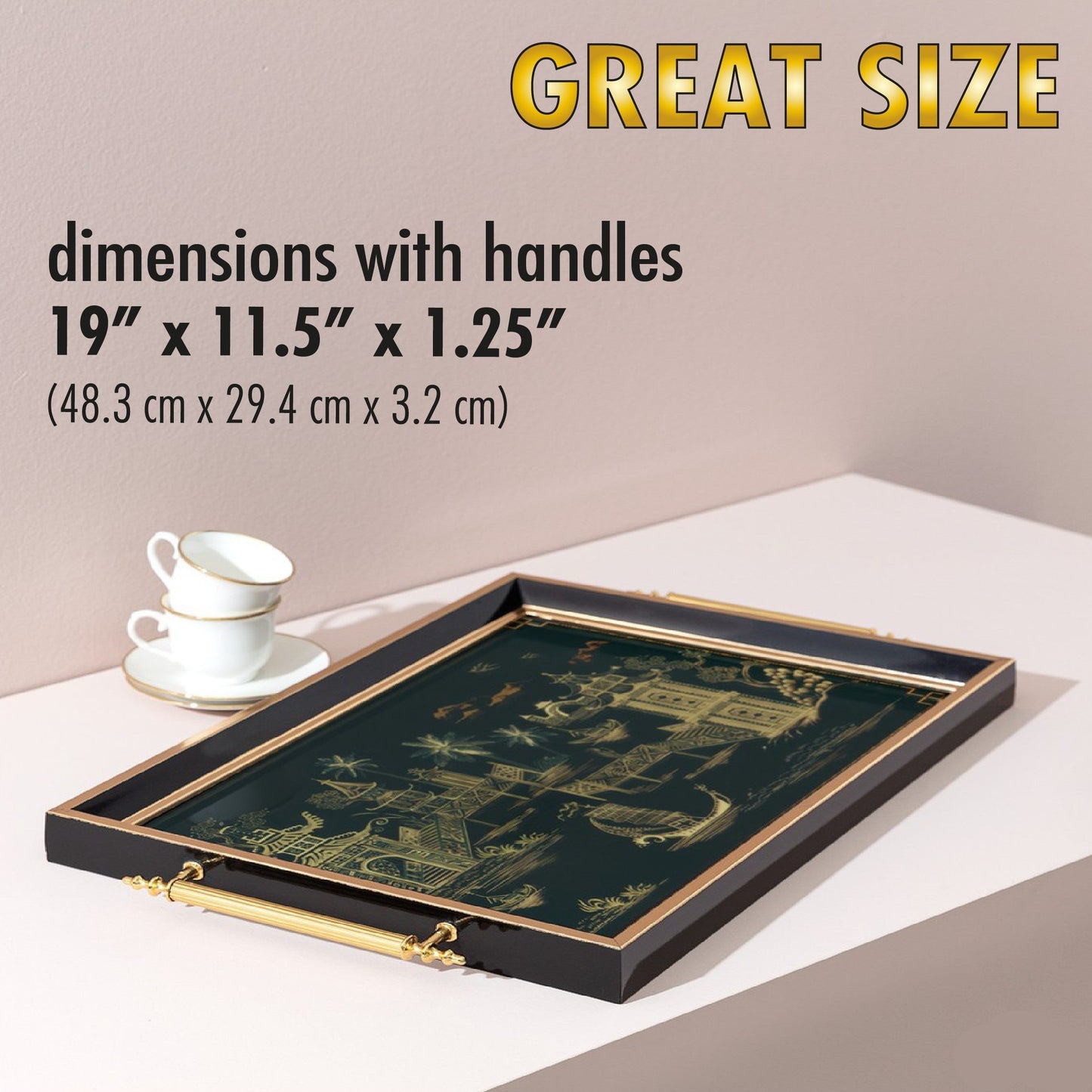 Decorative tray with handles on a neutral background, featuring dimensions and brand name.