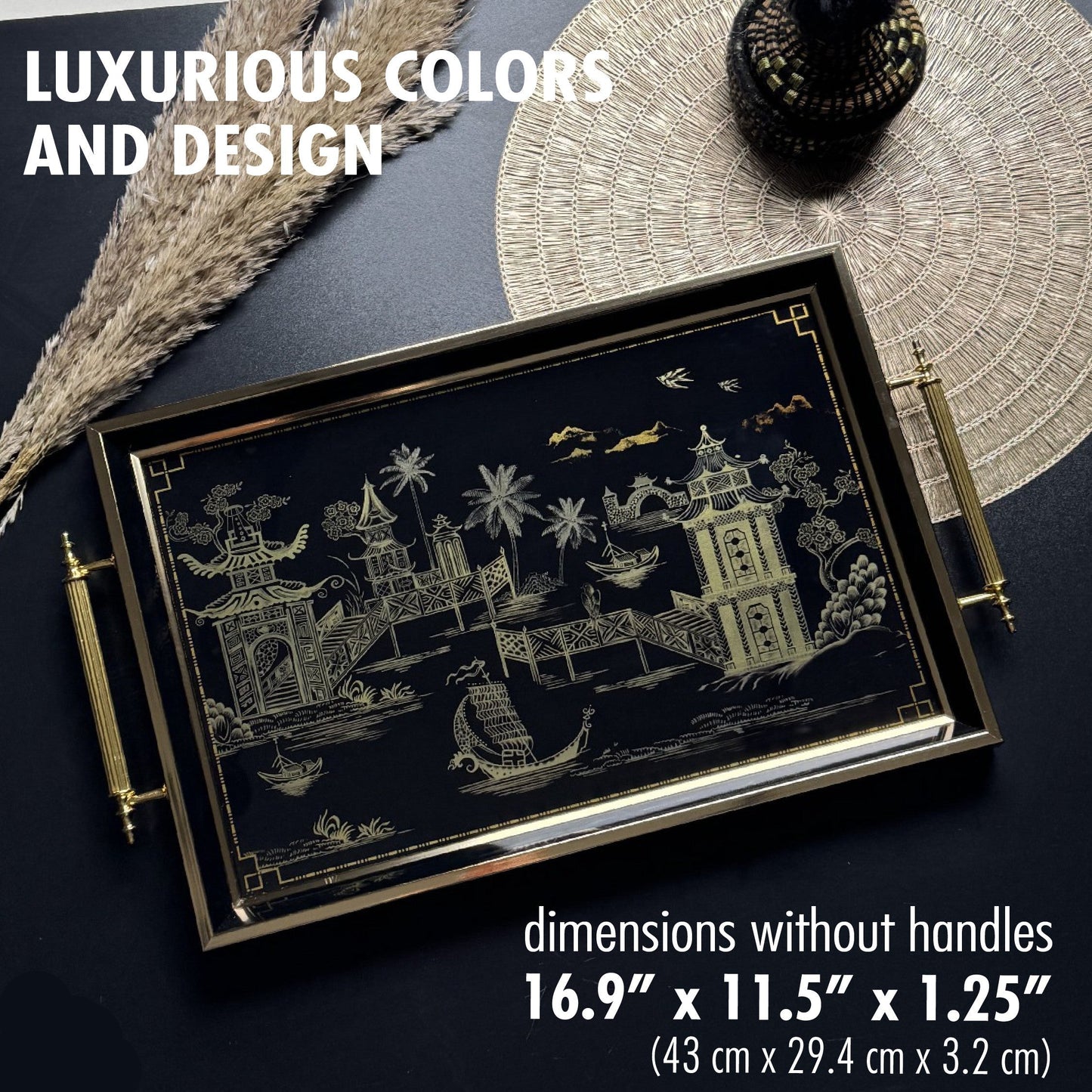 Glass Serving Tray Black Golden Voyage 19x11.5