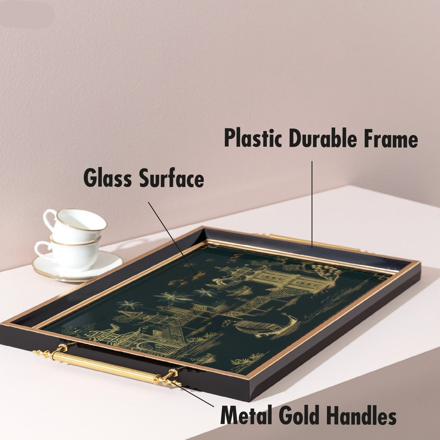 Glass Serving Tray Black Golden Voyage 19x11.5