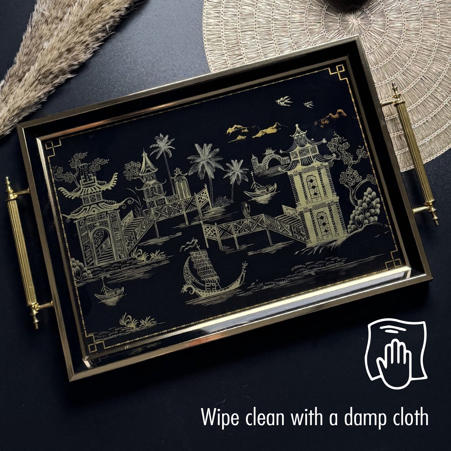 Glass Serving Tray Black Golden Voyage 19x11.5