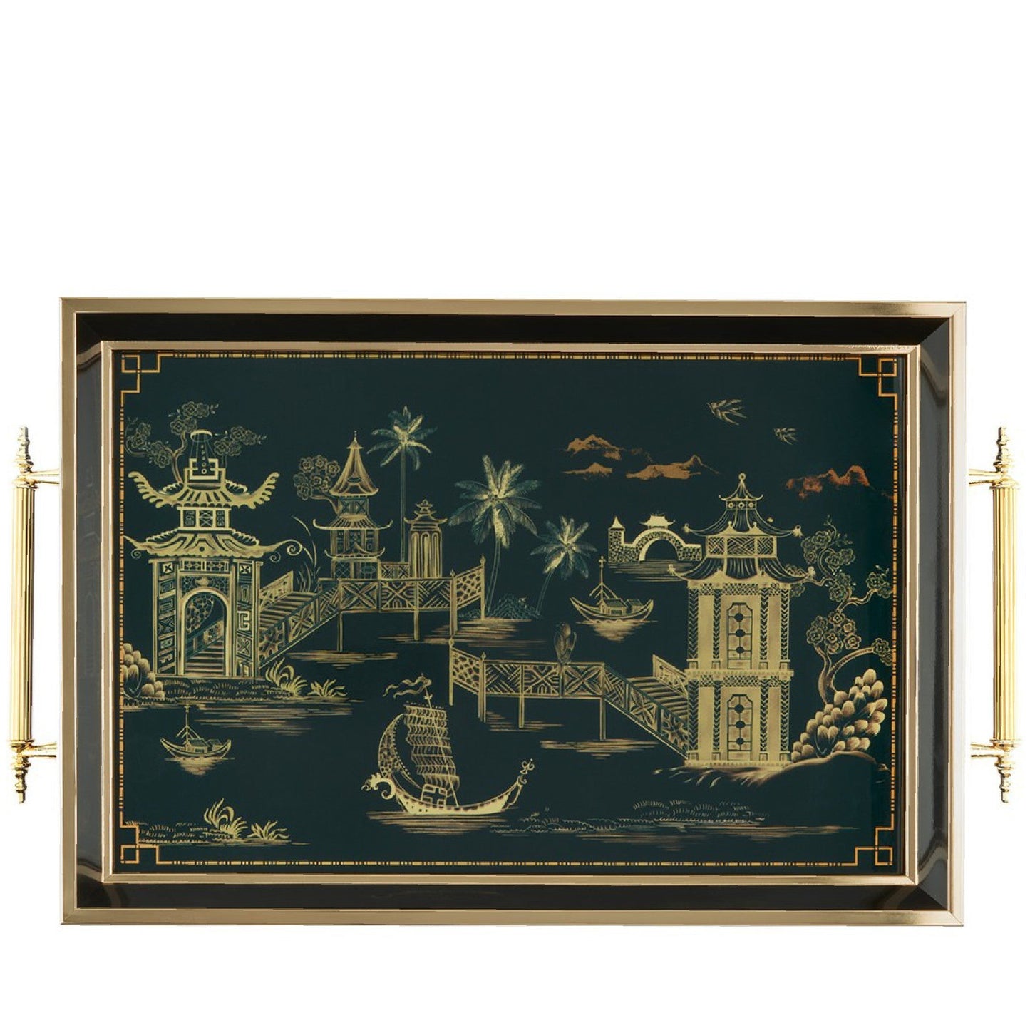Glass Serving Tray Black Golden Voyage 19x11.5