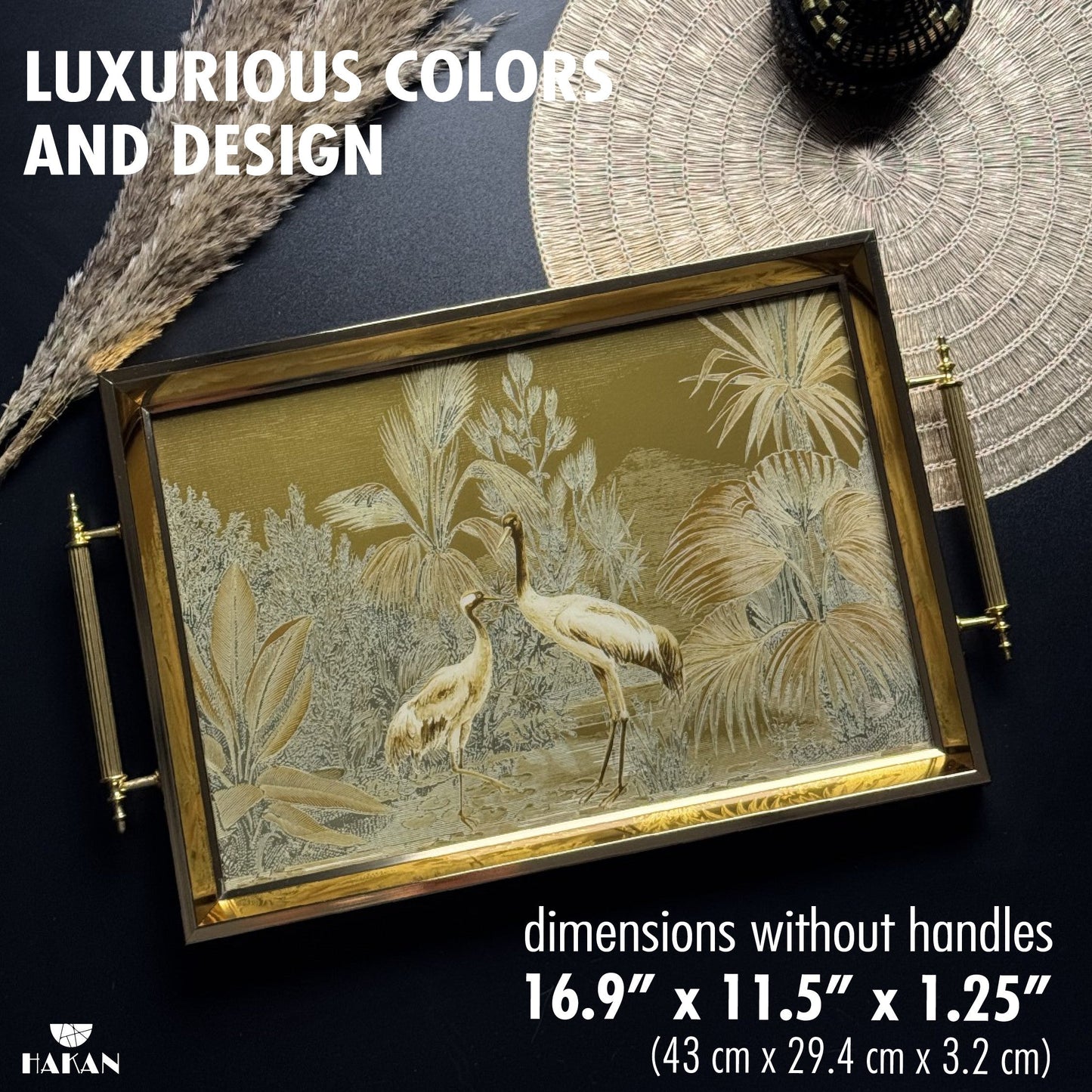 Glass Serving Tray Gold Garden Elegance 19x11.5