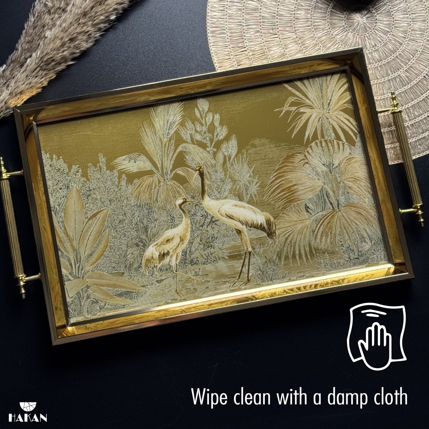 Glass Serving Tray Gold Garden Elegance 19x11.5