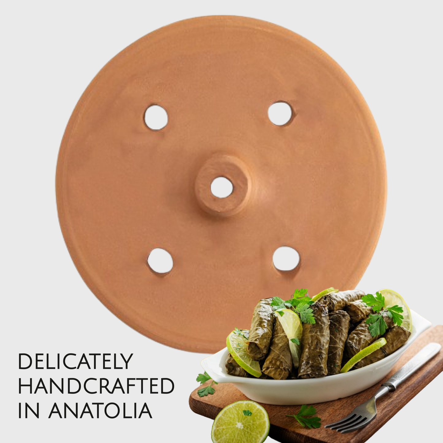 Terracotta Grape Leaf Roll Lid Unglazed — 5 Sizes, 7.1 to 11.8 Inch