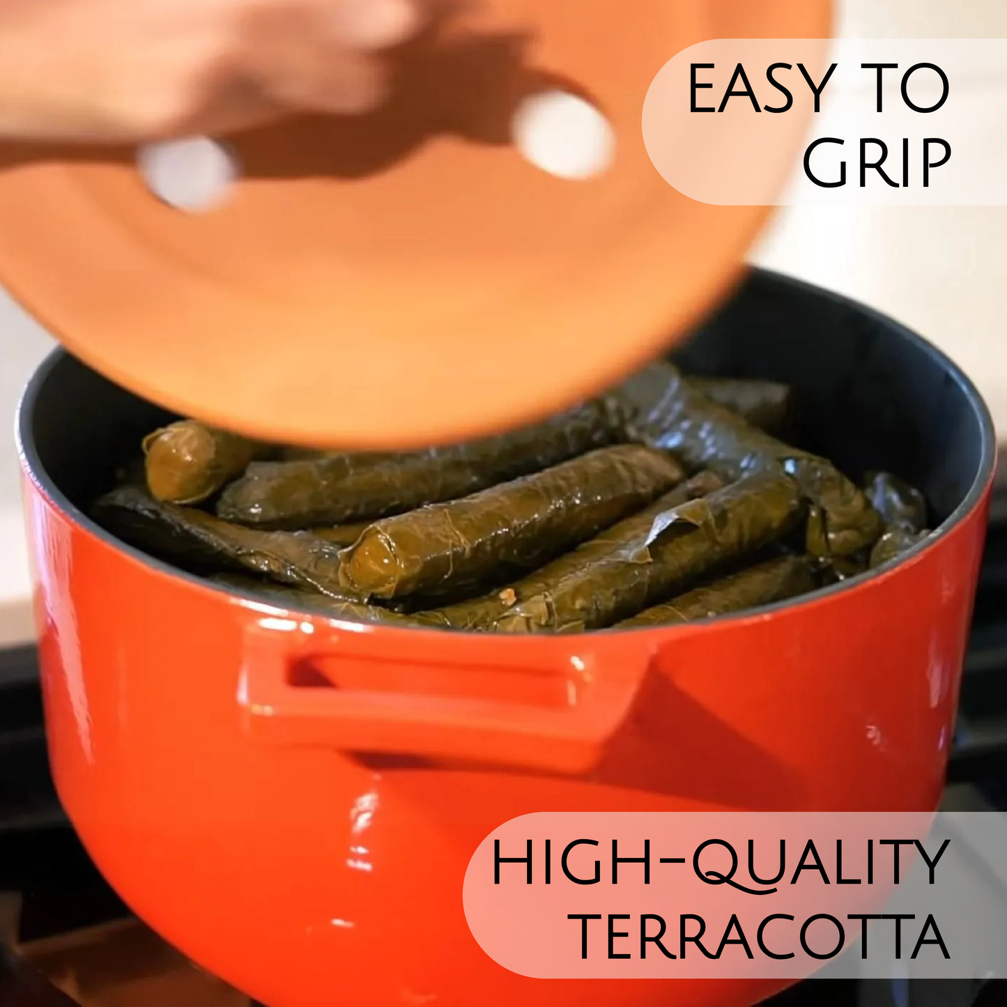 Terracotta Grape Leaf Roll Lid Unglazed — 5 Sizes, 7.1 to 11.8 Inch