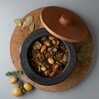 Delicious meal in a pot with ingredients on a wooden board, featuring Rootsware brand.