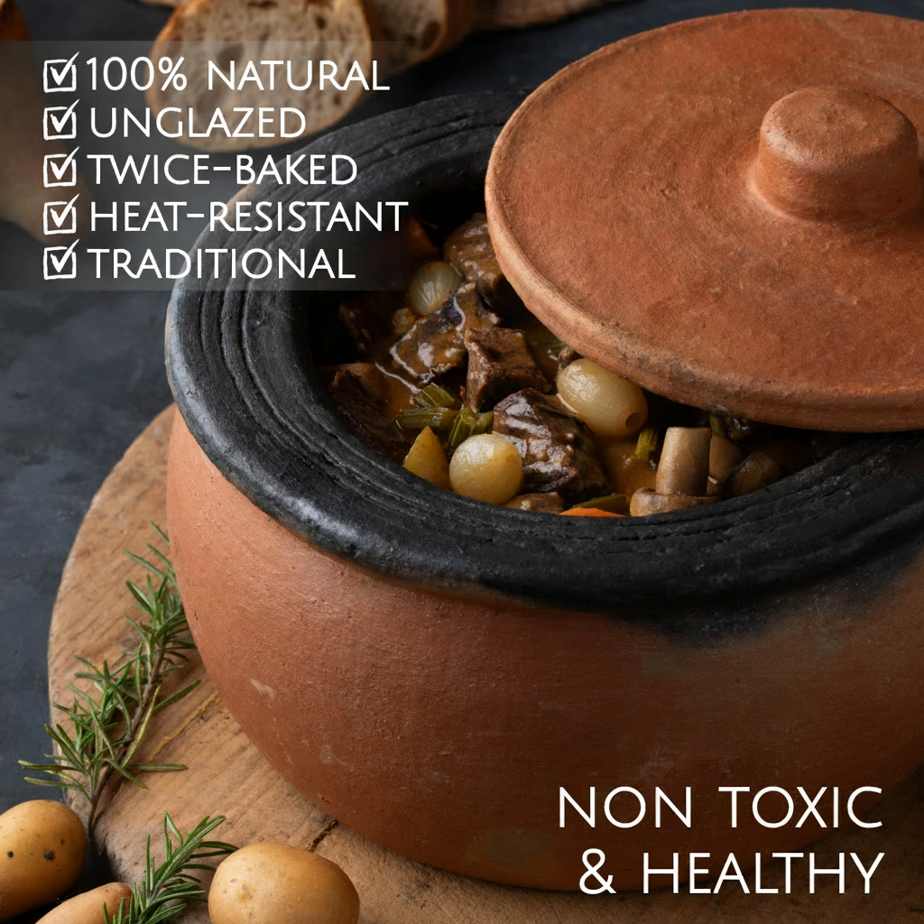 Twice-Baked Unglazed Clay Cooking Pot with Lid — Efes, 4 Sizes