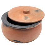 Terracotta pot with a lid on a white background, featuring rootsware