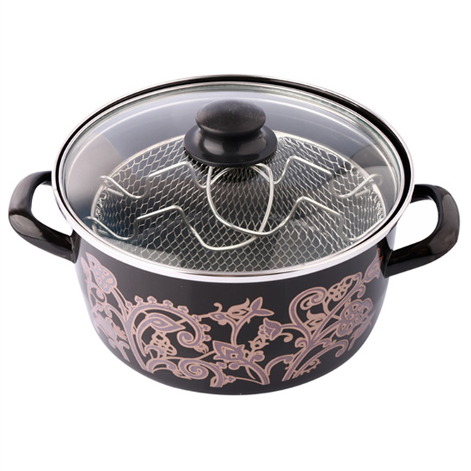 Enamel Deep Fryer Pot with Basket — Menzir Begonya, 3 Piece