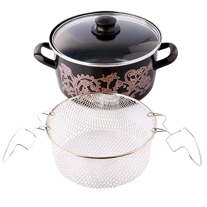 Enamel Deep Fryer Pot with Basket — Menzir Begonya, 3 Piece