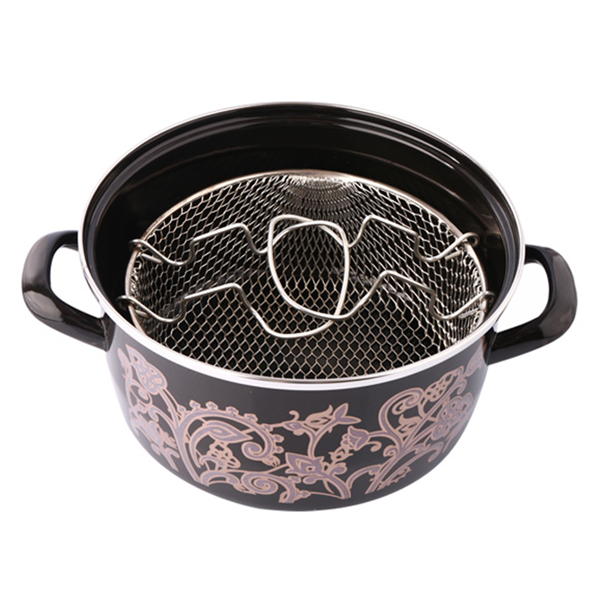 Enamel Deep Fryer Pot with Basket — Menzir Begonya, 3 Piece