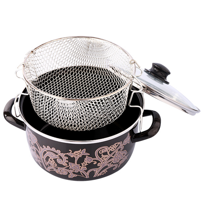 Enamel Deep Fryer Pot with Basket — Menzir Begonya, 3 Piece