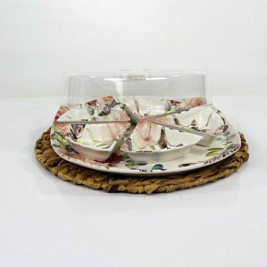 Ceramic Divided Serving Dishes with Lid and Tray — 7 Piece