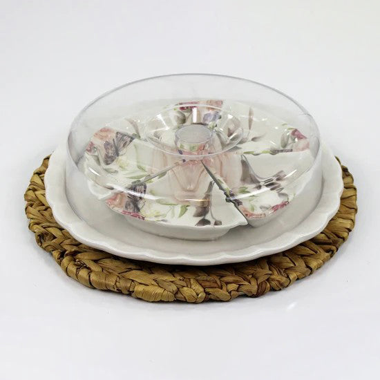 Ceramic Divided Serving Dishes with Lid and Tray — 7 Piece