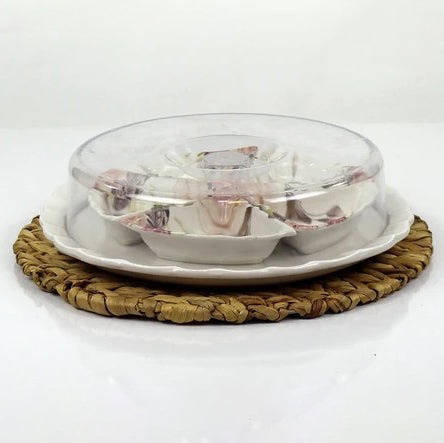 Ceramic Divided Serving Dishes with Lid and Tray — 7 Piece