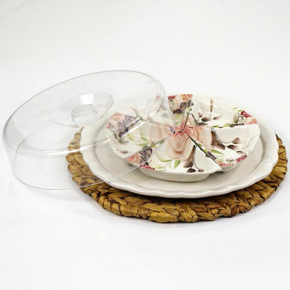 Ceramic Divided Serving Dishes with Lid and Tray — 7 Piece