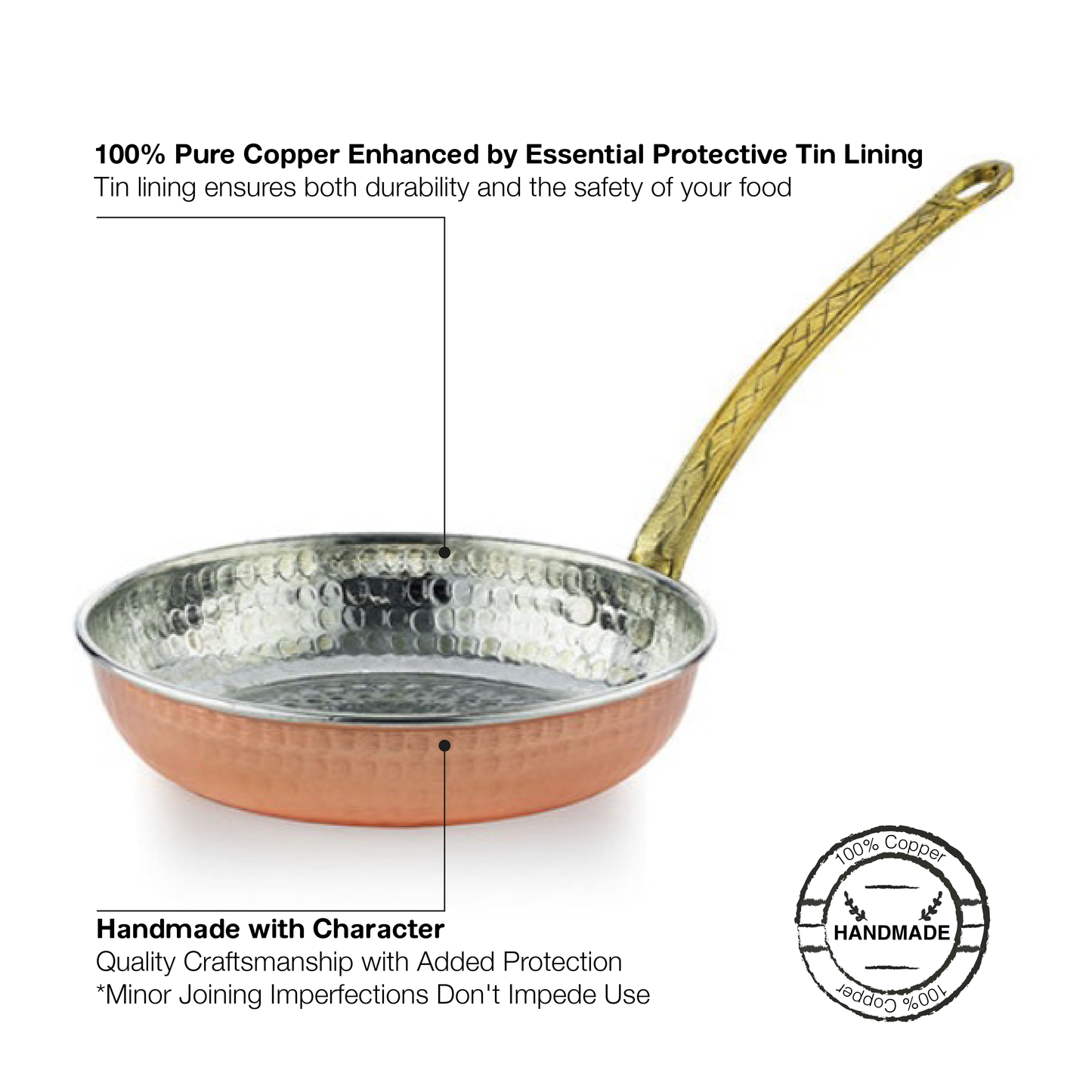 Handmade Hammered Copper Skillet — 5 Sizes, 6.3 to 9.5 Inch