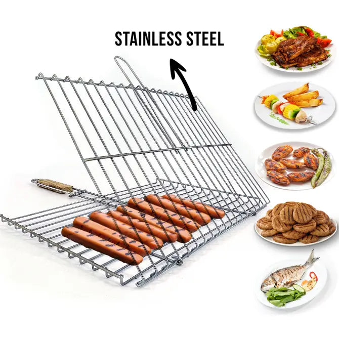 Lockable Grill Basket with Wooden Handle — 11.8 x 15.8 Inch