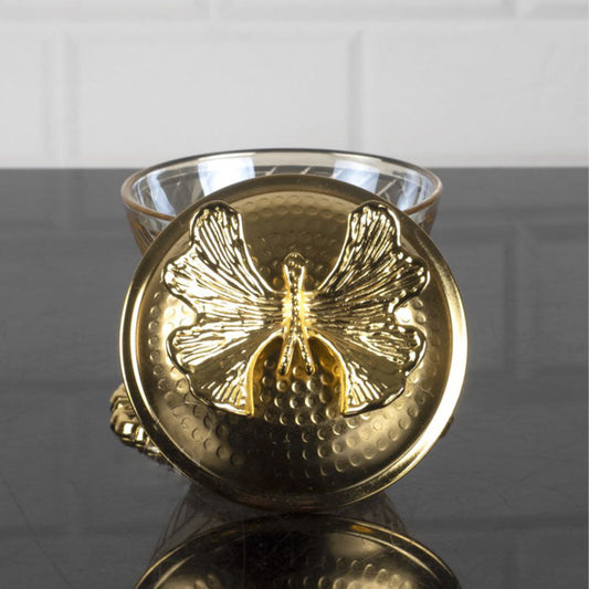Glass Candy Dish with Lid Gold Footed Round — 4 Inch