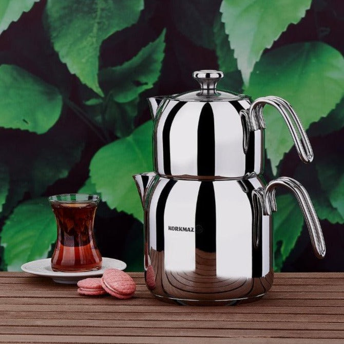 Double Turkish Teapot — Korkmaz Alia Stainless Steel, 67.6 Oz