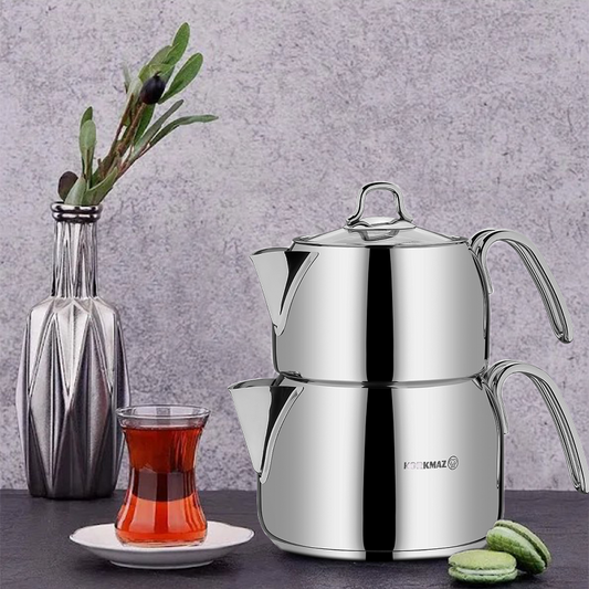 Turkish Teapot Set Stainless Steel — Korkmaz Perla, Maxi & Mega