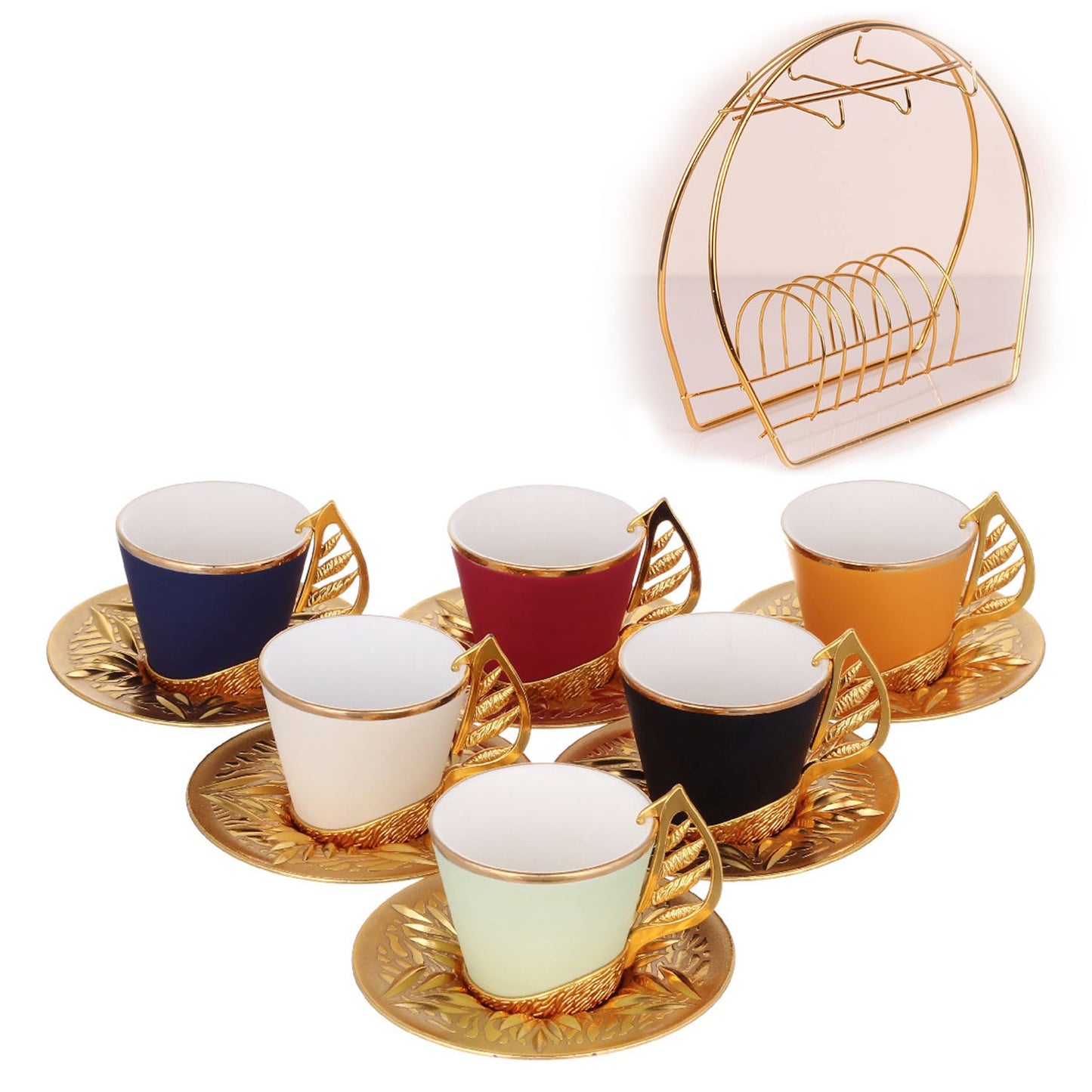 Turkish Coffee Cup Set Colorful with Stand — 19 Piece, 2.36 Oz
