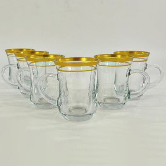 Turkish Tea Cups with Handle Gold Rim 6 Piece — Pasabahce Lina, 4.7 Oz