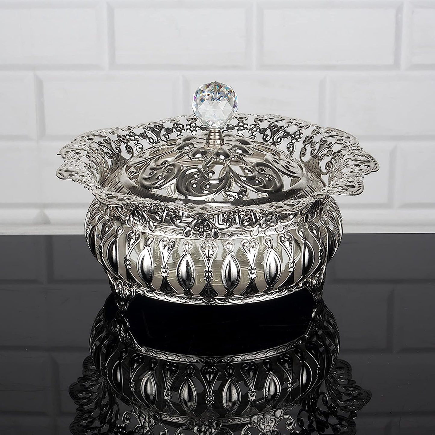 Handmade Fancy Sugar Serving Bowl with Crystal Lid